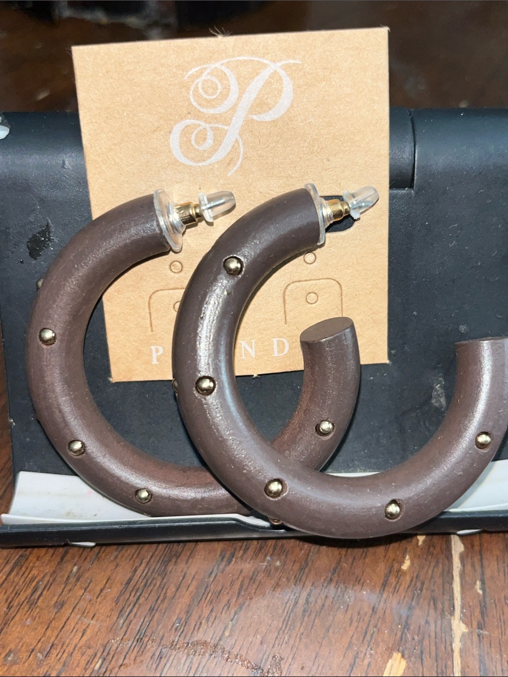 Pim + Larkin Dark Brown Studded Hoop Earrings NWOT